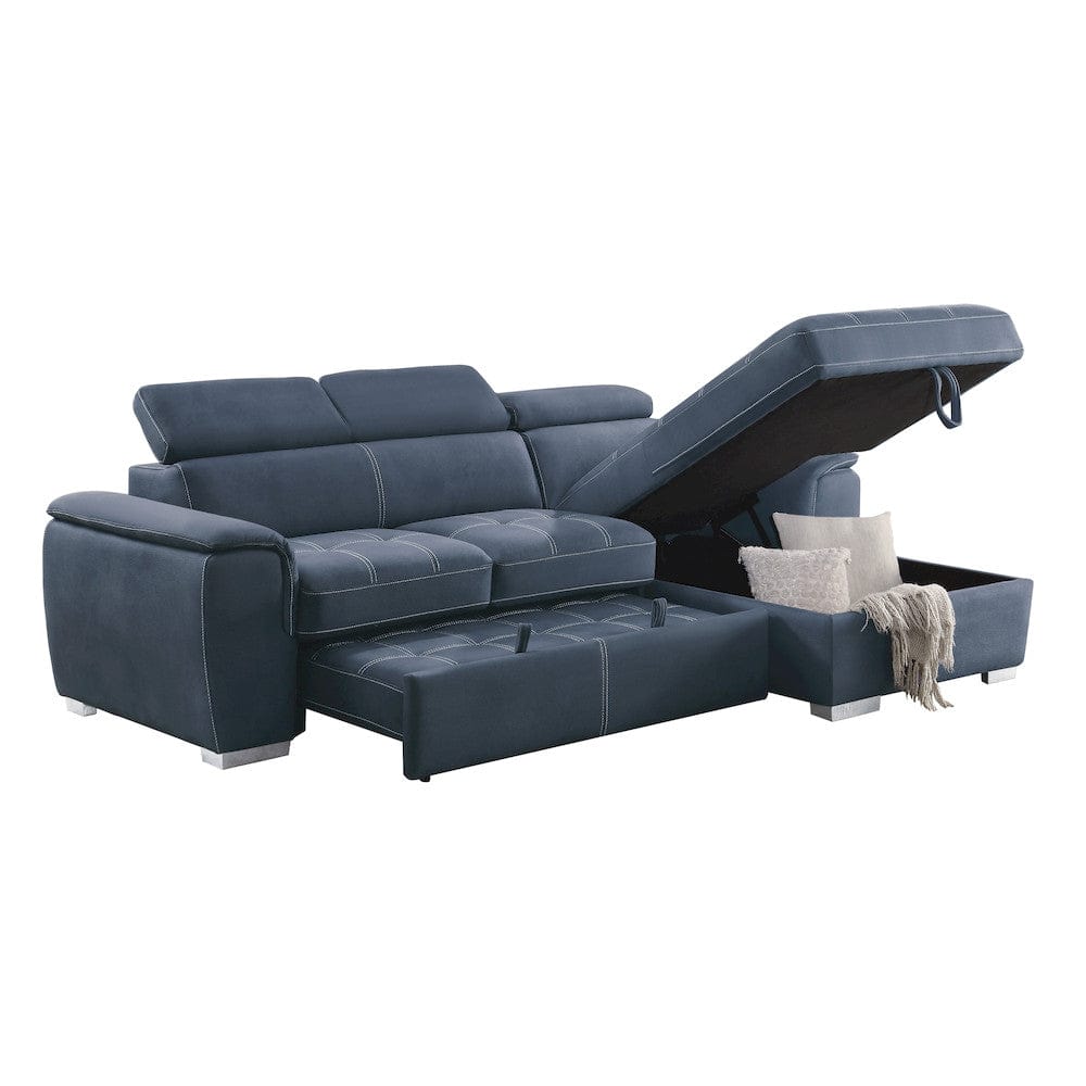 Homelegance  - Ferriday 2-Piece Sectional W/ Adjustable Headrests, Pull-out Bed and Right Chaise W/ Hidden Storage in Blue - 8228BUx  view 8