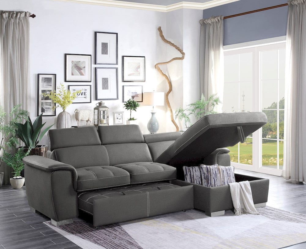 Homelegance  - Ferriday 2-Piece Sectional W/ Adjustable Headrests, Pull-out Bed and Right Chaise W/ Hidden Storage in Gray - 8228GYx  view 9