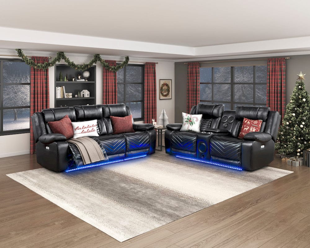 Homelegance  - Huron Power Double Reclining Sofa W/ Center Drop-Down Cup Holders, Wireless Charger, Magazine Bag, LED and Charging Ports in Black - 8457BLK-3PW  view 4