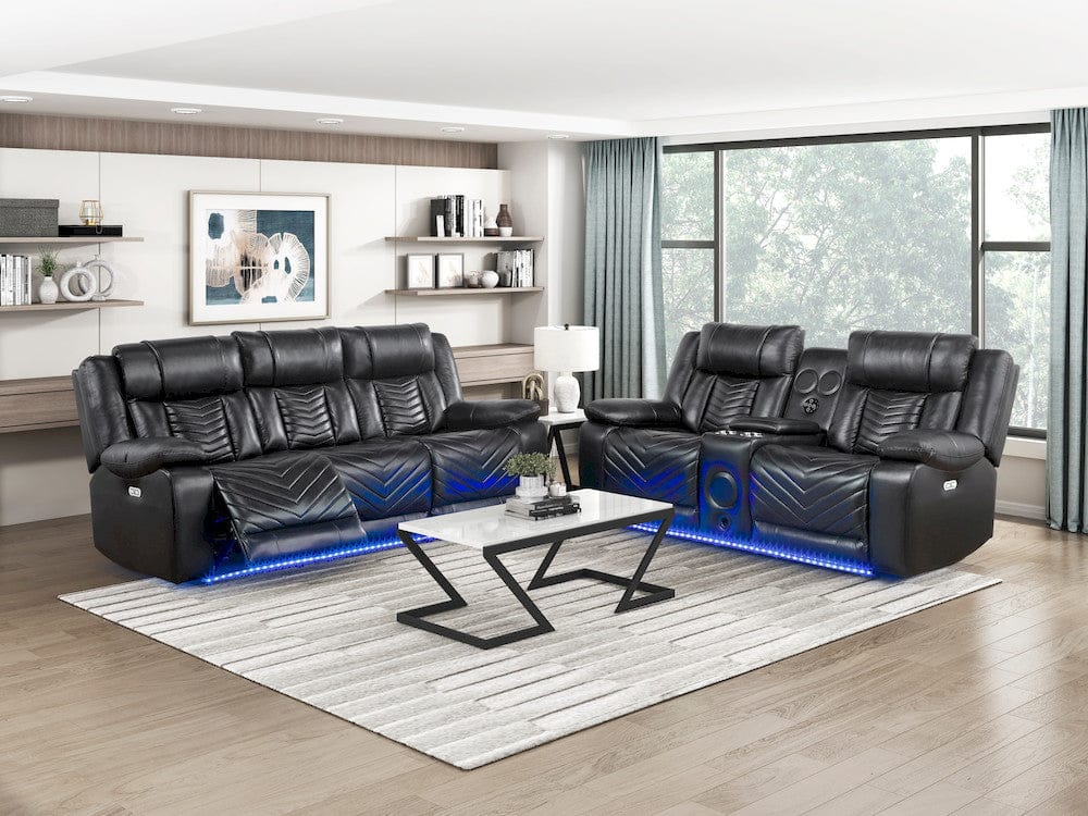 Homelegance  - Huron Power Double Reclining Sofa W/ Center Drop-Down Cup Holders, Wireless Charger, Magazine Bag, LED and Charging Ports in Black - 8457BLK-3PW  view 8
