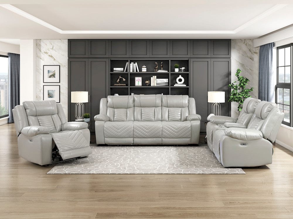 Homelegance  - Huron Power Double Reclining Sofa W/ Center Drop-Down Cup Holders, Wireless Charger, Magazine Bag, LED and Charging Ports in Gray - 8457GRY-3PW  view 12