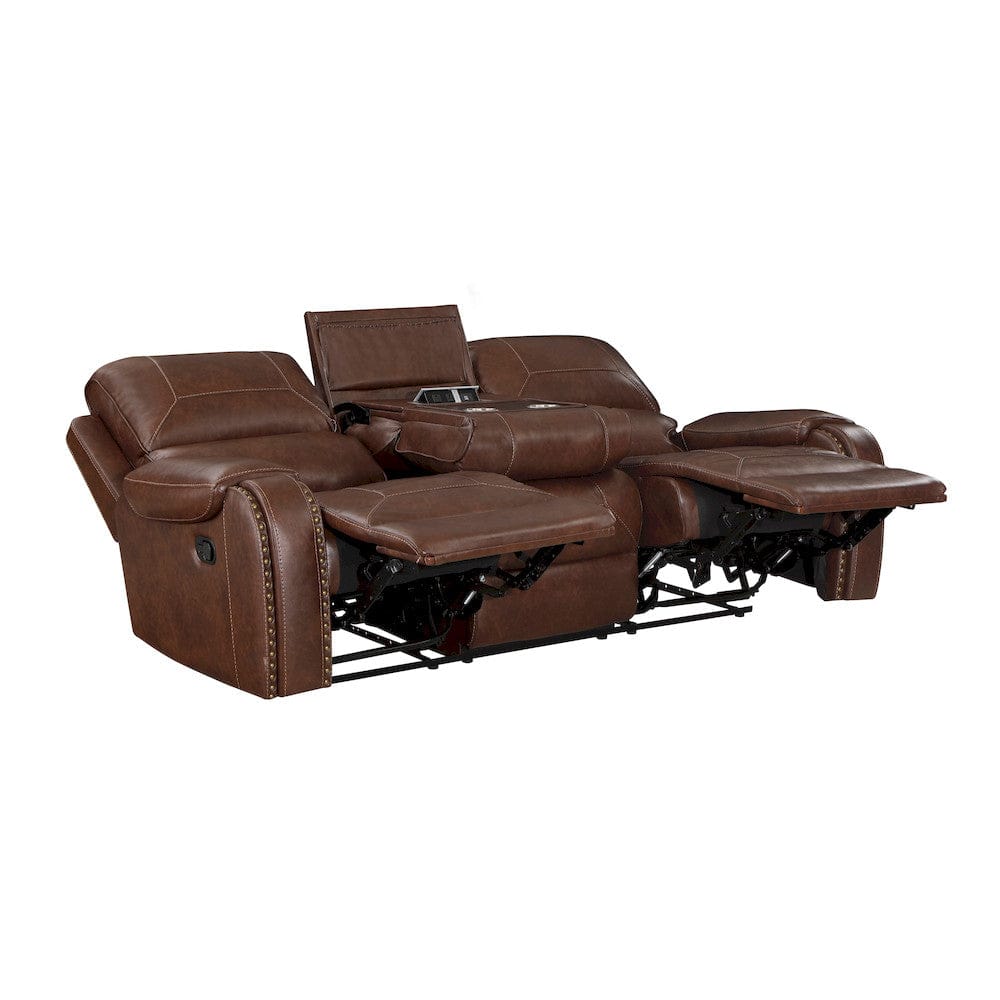 Homelegance  - Newnan Double Reclining Sofa W/ Center Drop-Down Cup Holders, Receptacles and USB Ports in Brown - 8549BRW-3  view 5