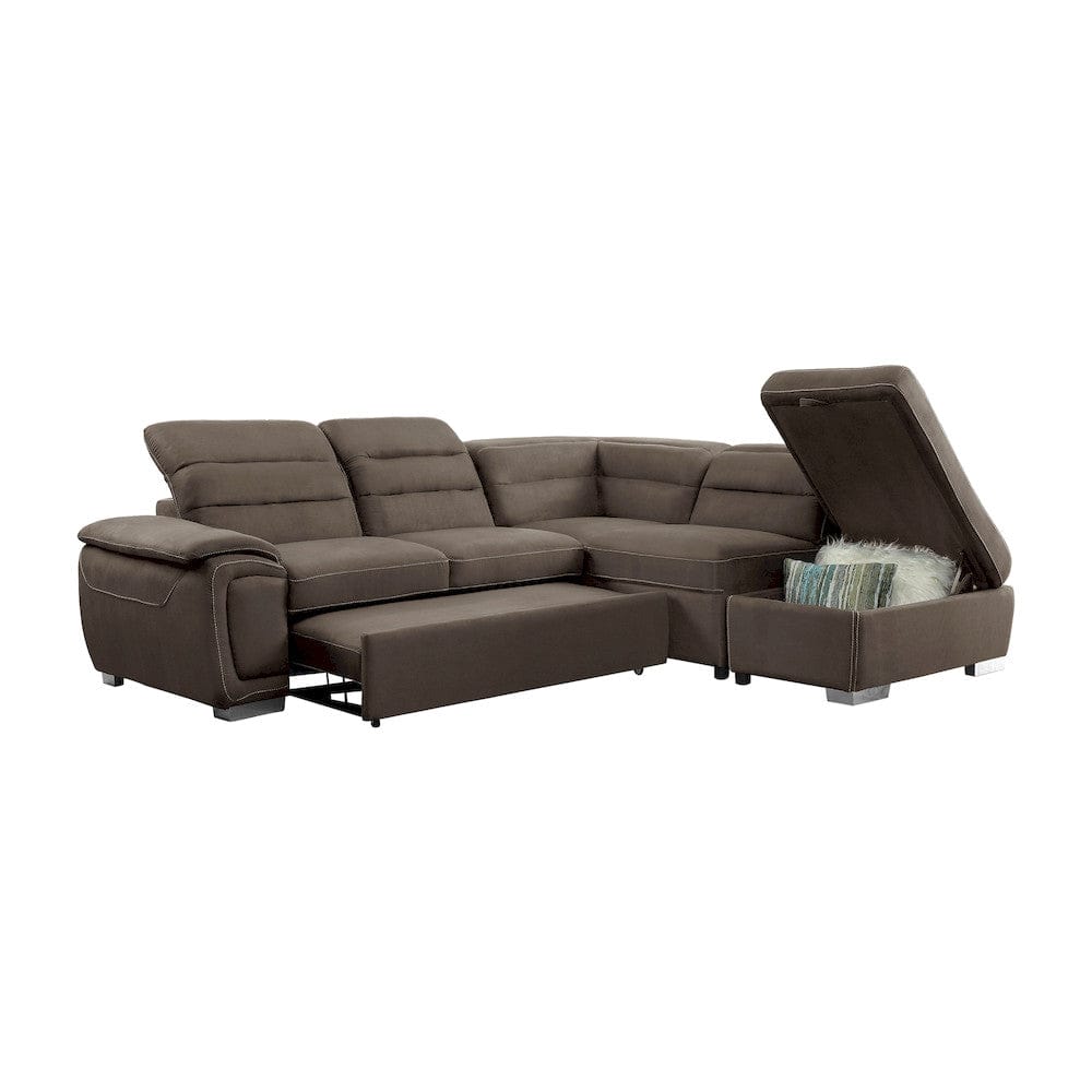 Homelegance  - Platina 3-Piece Sectional W/ Adjustable Headrests, Pull-out Bed and Right Chaise W/ Storage Ottoman in Chocolate - 8277CHx  view 3