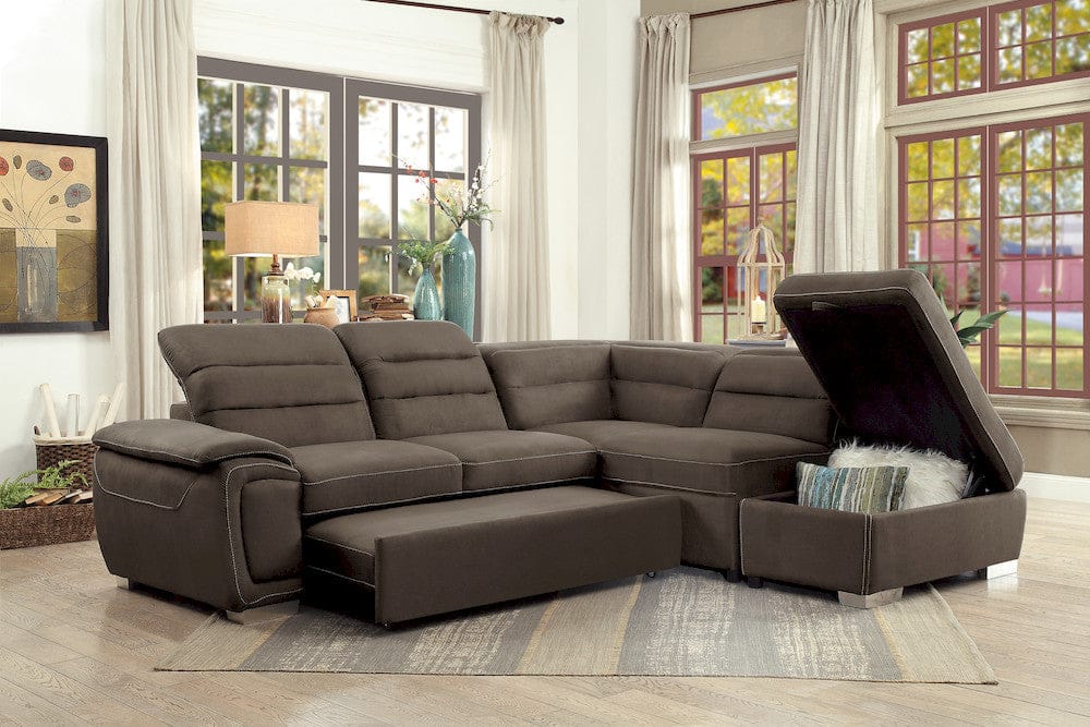 Homelegance  - Platina 3-Piece Sectional W/ Adjustable Headrests, Pull-out Bed and Right Chaise W/ Storage Ottoman in Chocolate - 8277CHx  view 5