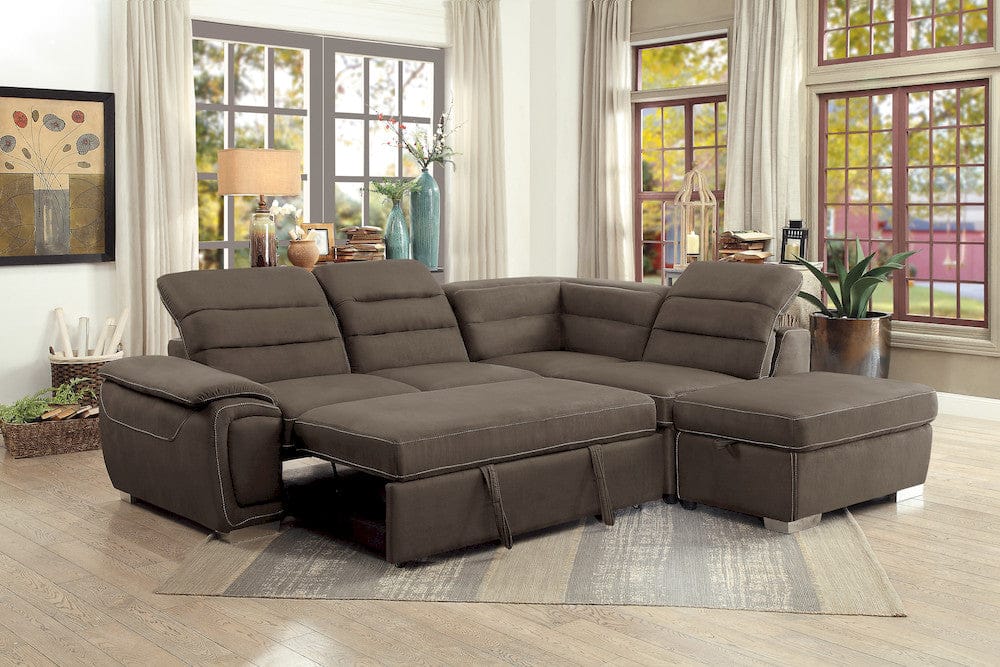 Homelegance  - Platina 3-Piece Sectional W/ Adjustable Headrests, Pull-out Bed and Right Chaise W/ Storage Ottoman in Chocolate - 8277CHx  view 6