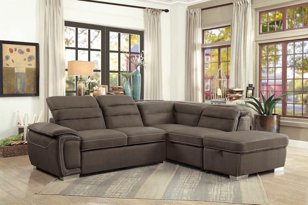 Homelegance  - Platina 3-Piece Sectional W/ Adjustable Headrests, Pull-out Bed and Right Chaise W/ Storage Ottoman in Chocolate - 8277CHx  view 8