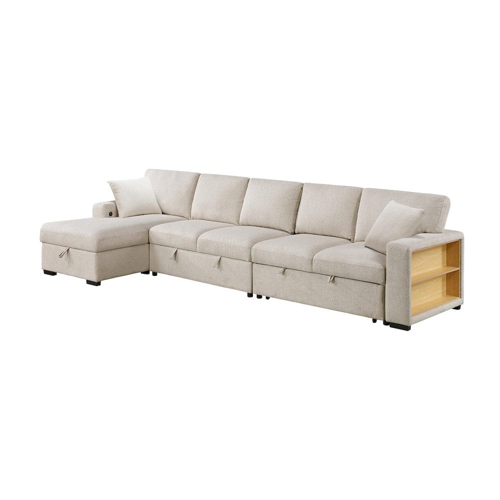 Homelegance  - Pompano Sectional W/ Left Chaise, Pull-out Bed, Hidden Storages and Shelves, Charging Ports in Beige - 9630BEx3LC2R  view 7