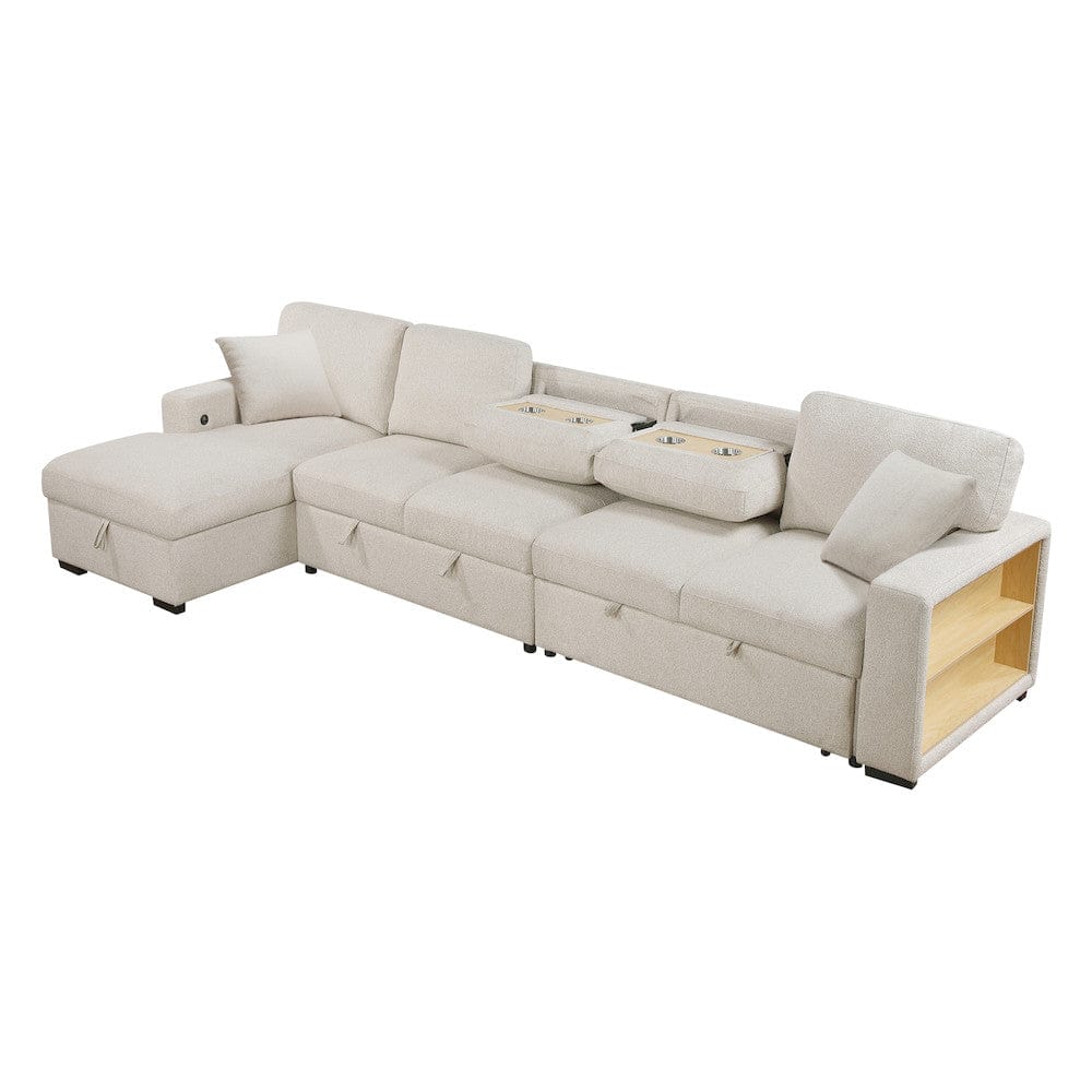 Homelegance  - Pompano Sectional W/ Left Chaise, Pull-out Bed, Hidden Storages and Shelves, Charging Ports in Beige - 9630BEx3LC2R  view 8