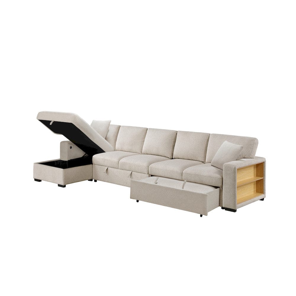 Homelegance  - Pompano Sectional W/ Left Chaise, Pull-out Bed, Hidden Storages and Shelves, Charging Ports in Beige - 9630BEx3LC2R  view 9