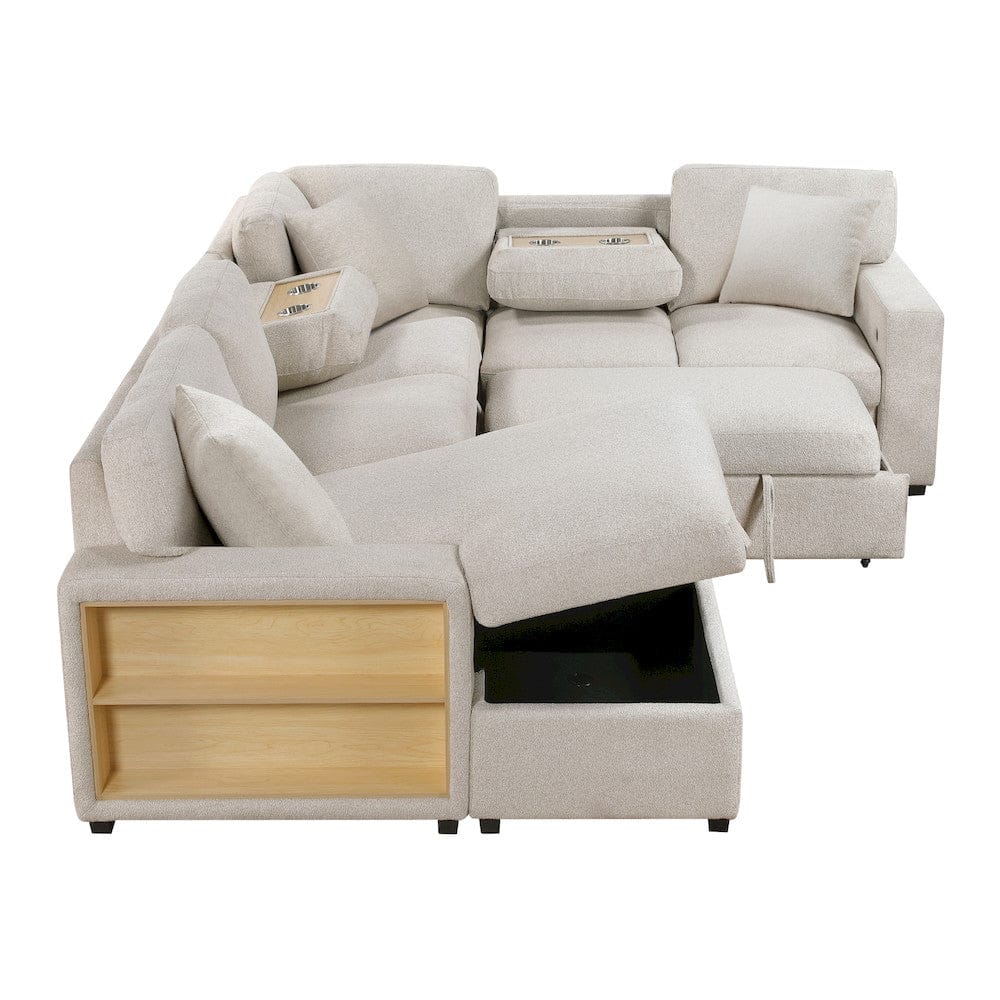 Homelegance  - Pompano Sectional W/ Left Chaise, Pull-out Bed, Hidden Storages and Shelves, Charging Ports in Beige - 9630BEx4LC2R  view 6