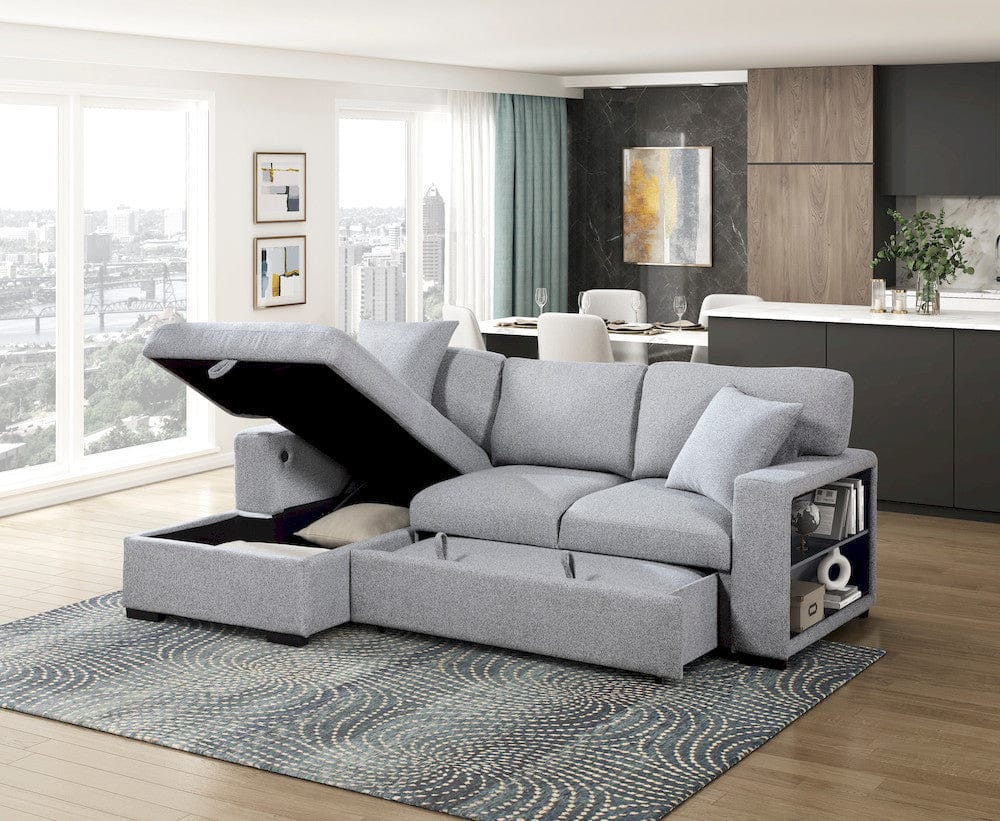 Homelegance  - Pompano Sectional W/ Left Chaise, Pull-out Bed, Hidden Storages and Shelves, Charging Ports in Gray - 9630GYx2LC2R  view 6