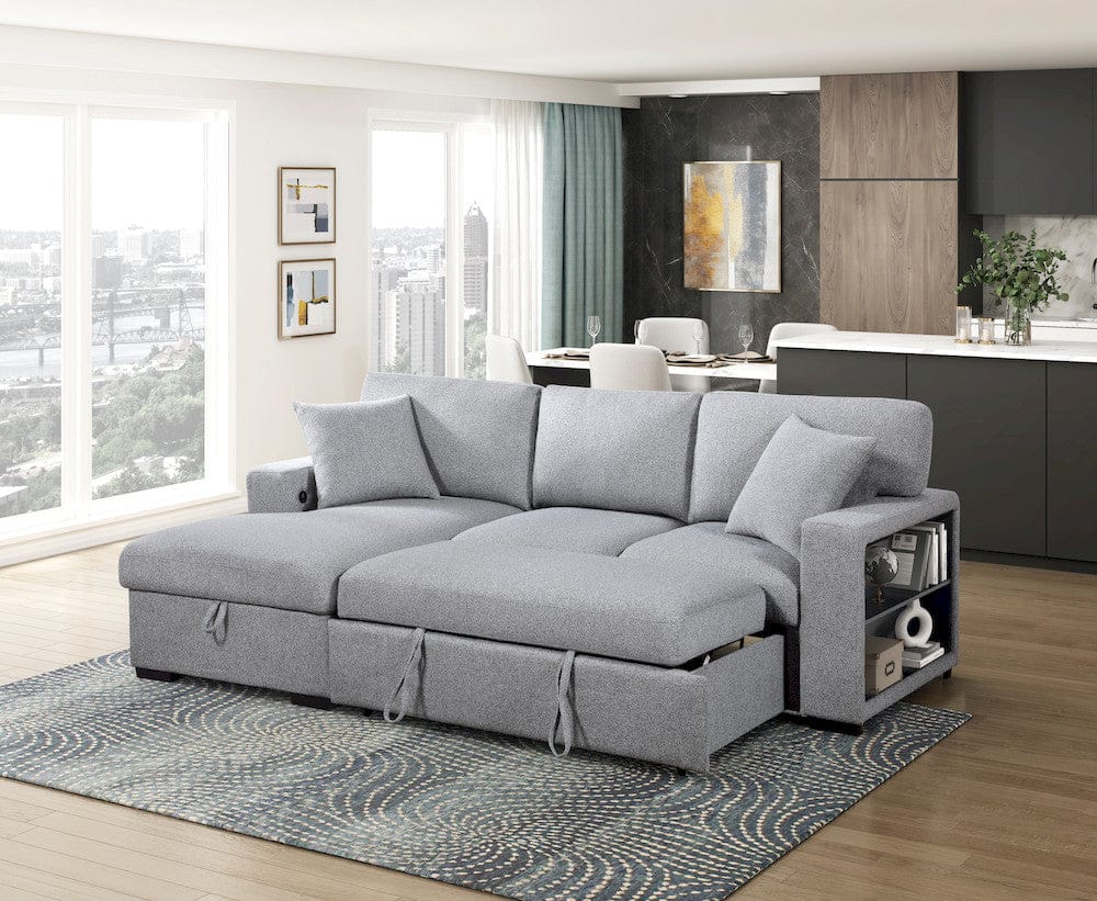 Homelegance  - Pompano Sectional W/ Left Chaise, Pull-out Bed, Hidden Storages and Shelves, Charging Ports in Gray - 9630GYx2LC2R  view 7