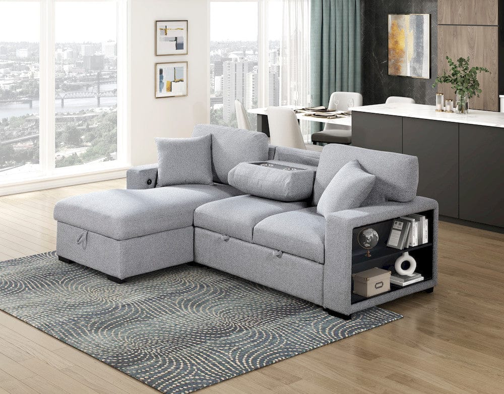 Homelegance  - Pompano Sectional W/ Left Chaise, Pull-out Bed, Hidden Storages and Shelves, Charging Ports in Gray - 9630GYx2LC2R  view 12