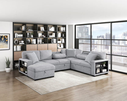 Homelegance  - Pompano Sectional W/ Left Chaise, Pull-out Bed, Hidden Storages and Shelves, Charging Ports in Gray - 9630GYx4LC2R  view 3