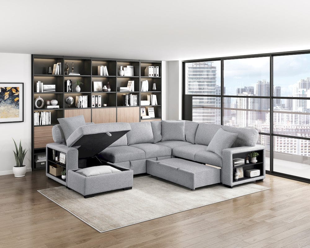 Homelegance  - Pompano Sectional W/ Left Chaise, Pull-out Bed, Hidden Storages and Shelves, Charging Ports in Gray - 9630GYx4LC2R  view 4