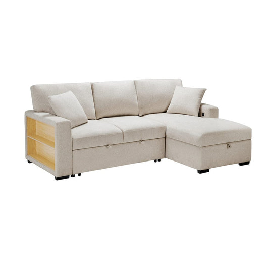 Homelegance  - Pompano Sectional W/ Right Chaise, Pull-out Bed, Hidden Storage and Shelves, Charging Ports in Beige - 9630BEx22LRC  view 1