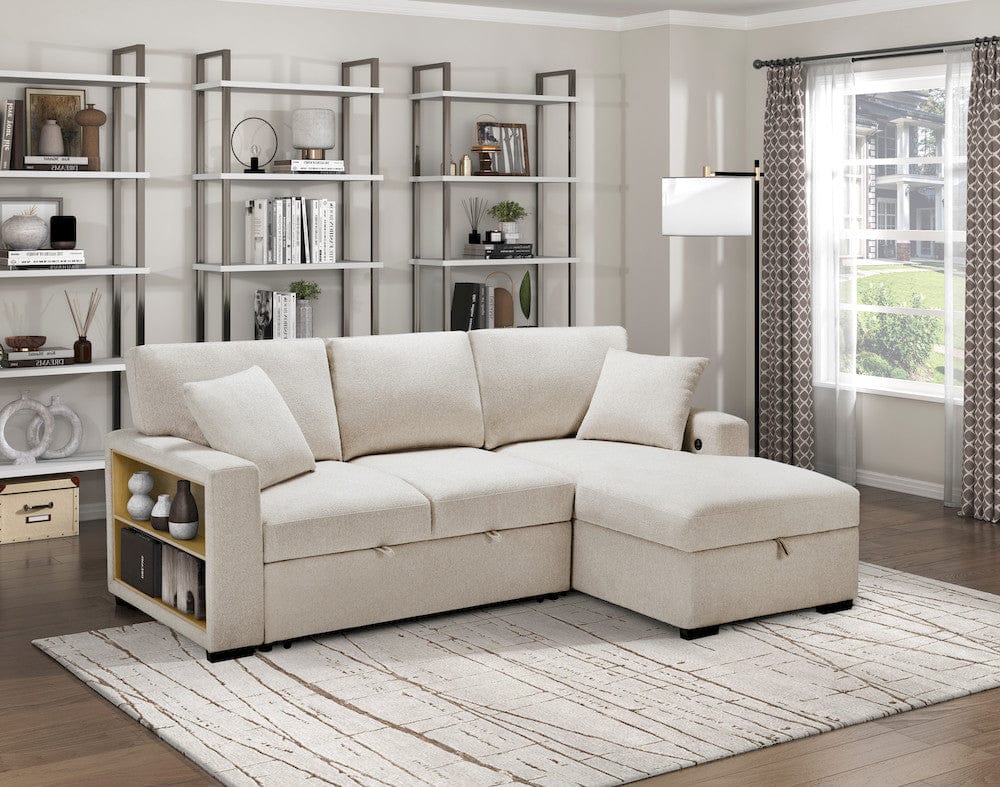 Homelegance  - Pompano Sectional W/ Right Chaise, Pull-out Bed, Hidden Storage and Shelves, Charging Ports in Beige - 9630BEx22LRC  view 6
