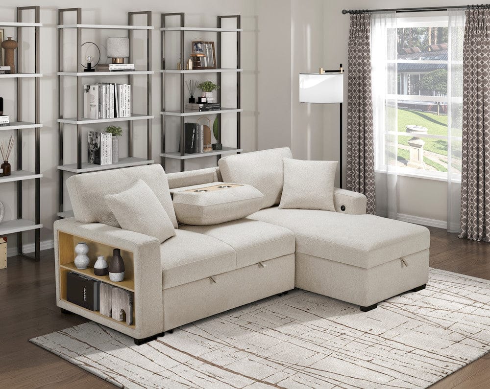 Homelegance  - Pompano Sectional W/ Right Chaise, Pull-out Bed, Hidden Storage and Shelves, Charging Ports in Beige - 9630BEx22LRC  view 7