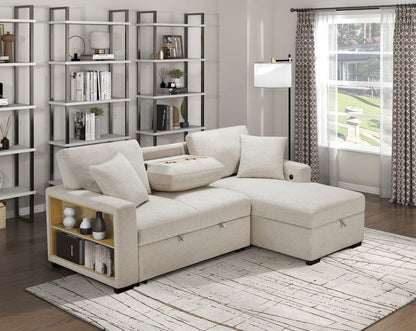 Homelegance  - Pompano Sectional W/ Right Chaise, Pull-out Bed, Hidden Storage and Shelves, Charging Ports in Beige - 9630BEx22LRC  view 7
