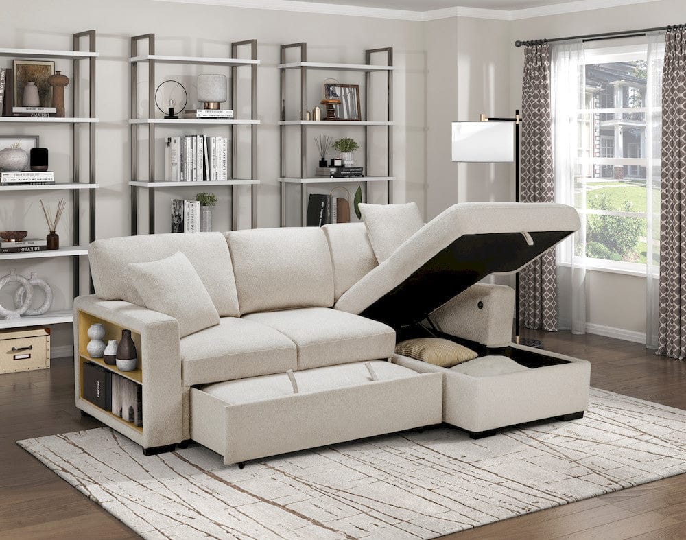 Homelegance  - Pompano Sectional W/ Right Chaise, Pull-out Bed, Hidden Storage and Shelves, Charging Ports in Beige - 9630BEx22LRC  view 8