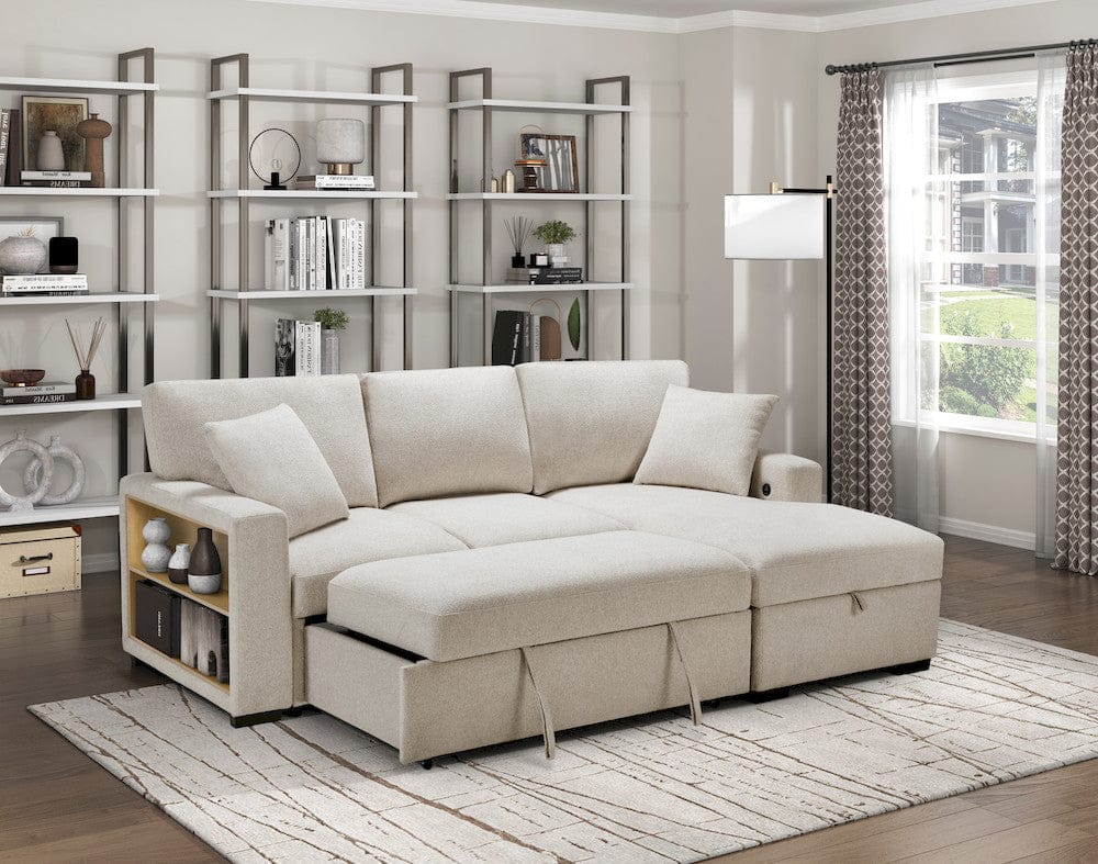Homelegance  - Pompano Sectional W/ Right Chaise, Pull-out Bed, Hidden Storage and Shelves, Charging Ports in Beige - 9630BEx22LRC  view 9