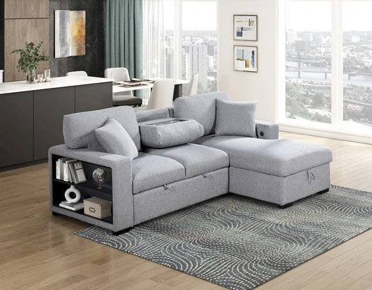 Homelegance  - Pompano Sectional W/ Right Chaise, Pull-out Bed, Hidden Storage and Shelves, Charging Ports in Gray - 9630GYx22LRC  view 2