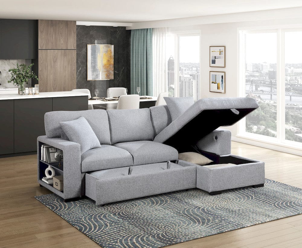 Homelegance  - Pompano Sectional W/ Right Chaise, Pull-out Bed, Hidden Storage and Shelves, Charging Ports in Gray - 9630GYx22LRC  view 3