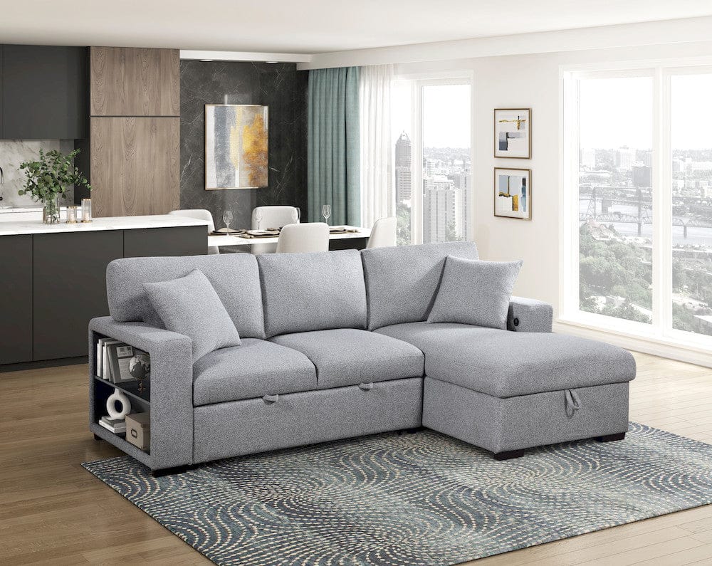 Homelegance  - Pompano Sectional W/ Right Chaise, Pull-out Bed, Hidden Storage and Shelves, Charging Ports in Gray - 9630GYx22LRC  view 7