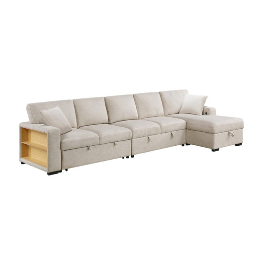 Homelegance  - Pompano Sectional W/ Right Chaise, Pull-out Bed, Hidden Storages and Shelves, Charging Ports in Beige - 9630BEx32LRC  view 1