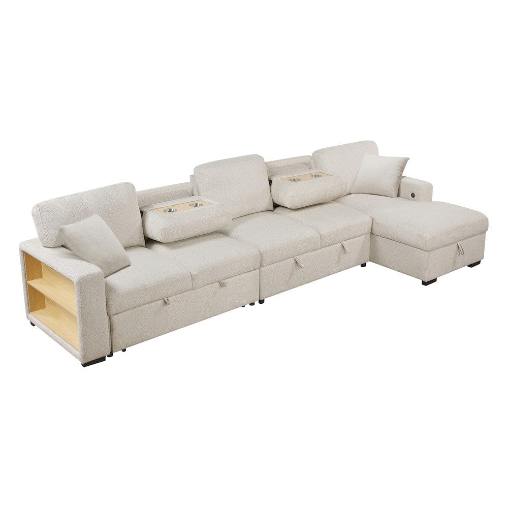 Homelegance  - Pompano Sectional W/ Right Chaise, Pull-out Bed, Hidden Storages and Shelves, Charging Ports in Beige - 9630BEx32LRC  view 3