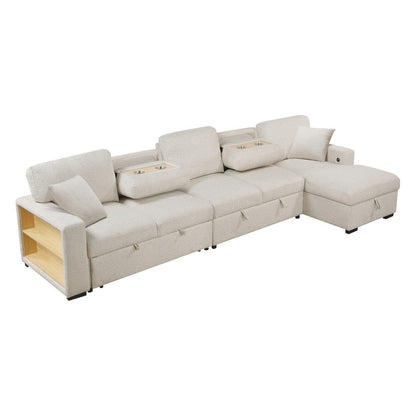 Homelegance  - Pompano Sectional W/ Right Chaise, Pull-out Bed, Hidden Storages and Shelves, Charging Ports in Beige - 9630BEx32LRC  view 3