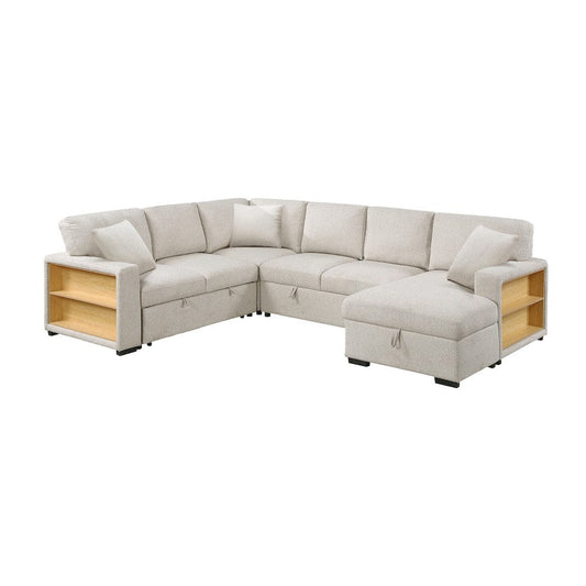 Homelegance  - Pompano Sectional W/ Right Chaise, Pull-out Bed, Hidden Storages and Shelves, Charging Ports in Beige - 9630BEx42LRC  view 1