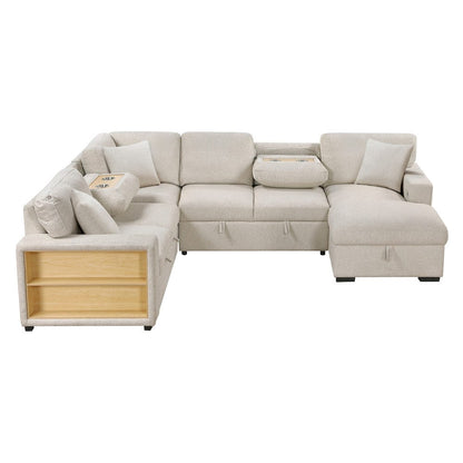 Homelegance  - Pompano Sectional W/ Right Chaise, Pull-out Bed, Hidden Storages and Shelves, Charging Ports in Beige - 9630BEx42LRC  view 2