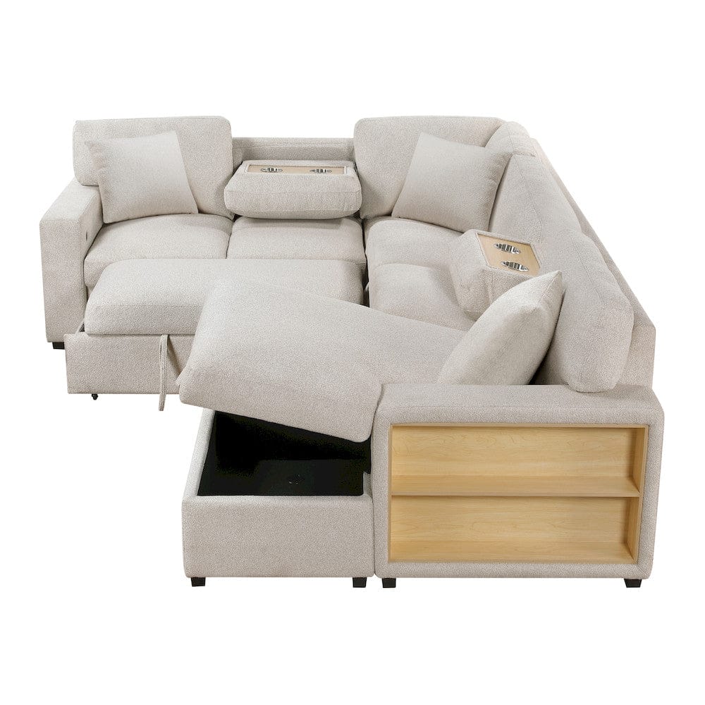 Homelegance  - Pompano Sectional W/ Right Chaise, Pull-out Bed, Hidden Storages and Shelves, Charging Ports in Beige - 9630BEx42LRC  view 5