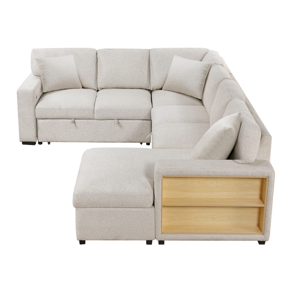 Homelegance  - Pompano Sectional W/ Right Chaise, Pull-out Bed, Hidden Storages and Shelves, Charging Ports in Beige - 9630BEx42LRC  view 6