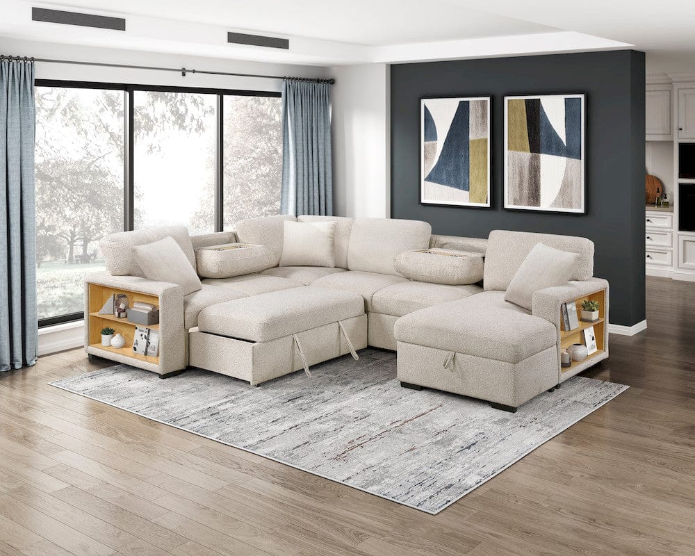 Homelegance  - Pompano Sectional W/ Right Chaise, Pull-out Bed, Hidden Storages and Shelves, Charging Ports in Beige - 9630BEx42LRC  view 7