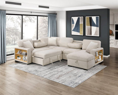 Homelegance  - Pompano Sectional W/ Right Chaise, Pull-out Bed, Hidden Storages and Shelves, Charging Ports in Beige - 9630BEx42LRC  view 7