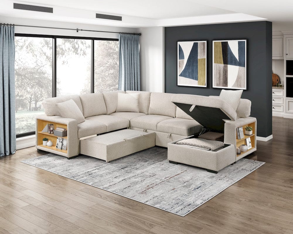 Homelegance  - Pompano Sectional W/ Right Chaise, Pull-out Bed, Hidden Storages and Shelves, Charging Ports in Beige - 9630BEx42LRC  view 8