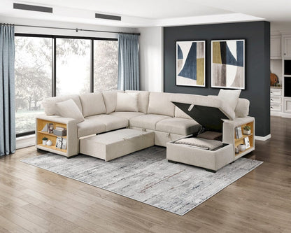 Homelegance  - Pompano Sectional W/ Right Chaise, Pull-out Bed, Hidden Storages and Shelves, Charging Ports in Beige - 9630BEx42LRC  view 8