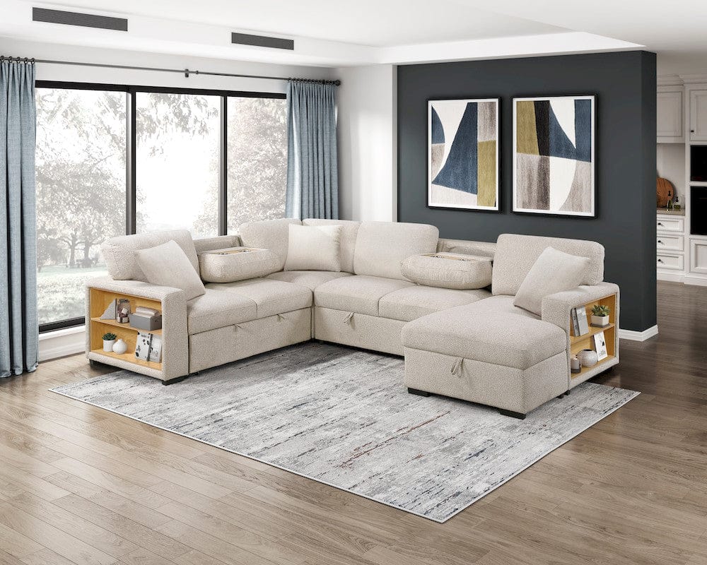 Homelegance  - Pompano Sectional W/ Right Chaise, Pull-out Bed, Hidden Storages and Shelves, Charging Ports in Beige - 9630BEx42LRC  view 9