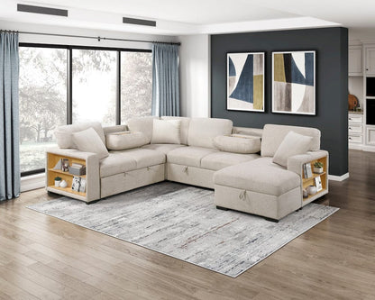Homelegance  - Pompano Sectional W/ Right Chaise, Pull-out Bed, Hidden Storages and Shelves, Charging Ports in Beige - 9630BEx42LRC  view 9
