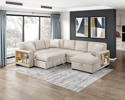 Homelegance  - Pompano Sectional W/ Right Chaise, Pull-out Bed, Hidden Storages and Shelves, Charging Ports in Beige - 9630BEx42LRC  view 10