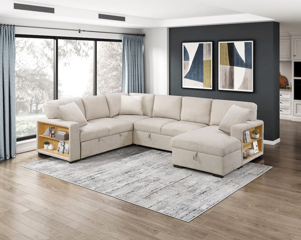 Homelegance  - Pompano Sectional W/ Right Chaise, Pull-out Bed, Hidden Storages and Shelves, Charging Ports in Beige - 9630BEx42LRC  view 11