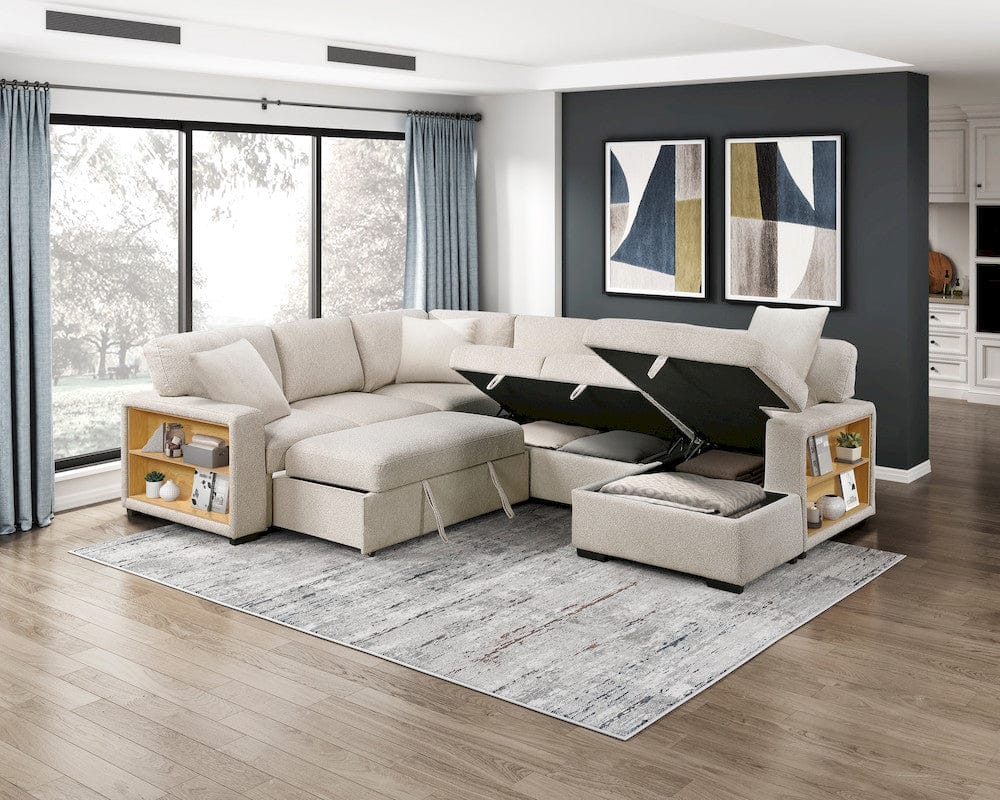 Homelegance  - Pompano Sectional W/ Right Chaise, Pull-out Bed, Hidden Storages and Shelves, Charging Ports in Beige - 9630BEx42LRC  view 12