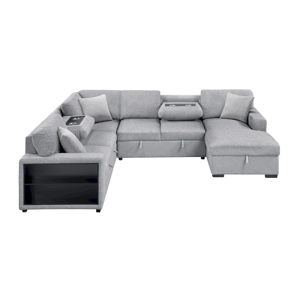 Homelegance  - Pompano Sectional W/ Right Chaise, Pull-out Bed, Hidden Storages and Shelves, Charging Ports in Gray - 9630GYx42LRC  view 5