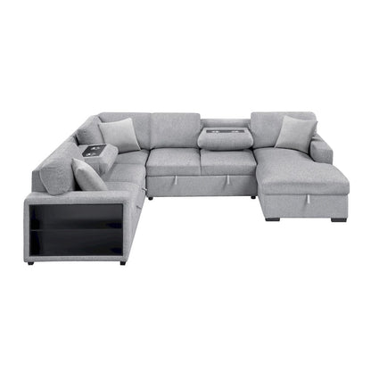 Homelegance  - Pompano Sectional W/ Right Chaise, Pull-out Bed, Hidden Storages and Shelves, Charging Ports in Gray - 9630GYx42LRC  view 5