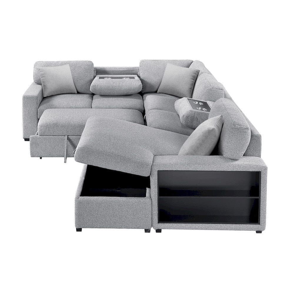 Homelegance  - Pompano Sectional W/ Right Chaise, Pull-out Bed, Hidden Storages and Shelves, Charging Ports in Gray - 9630GYx42LRC  view 6
