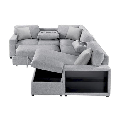 Homelegance  - Pompano Sectional W/ Right Chaise, Pull-out Bed, Hidden Storages and Shelves, Charging Ports in Gray - 9630GYx42LRC  view 6