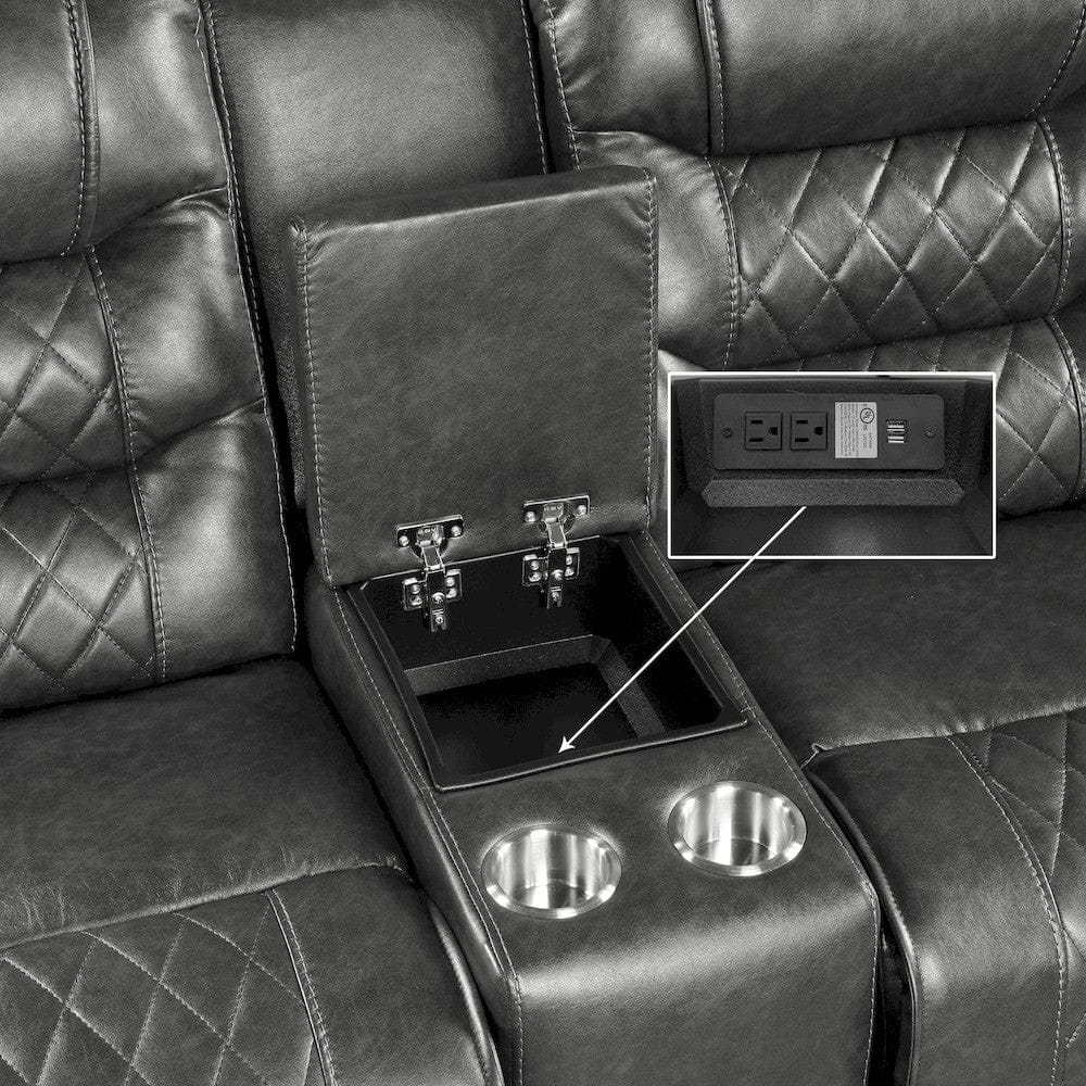 Homelegance  - Putnam Power Double Reclining Love Seat W/ Center Console, Receptacles and USB Ports in Gray - 9405GY-2PW  view 3