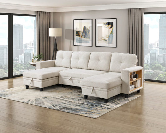 Homelegance  - Robinson Sectional W/ Two Chaises, Pull-out Bed, Shelves and Charging Ports in Beige - 9705BEx42AVC  view 2